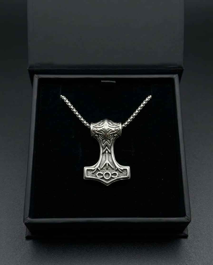 Silver Mjölnir hammer pendant necklace with linked chain and ornate cross-style engravings