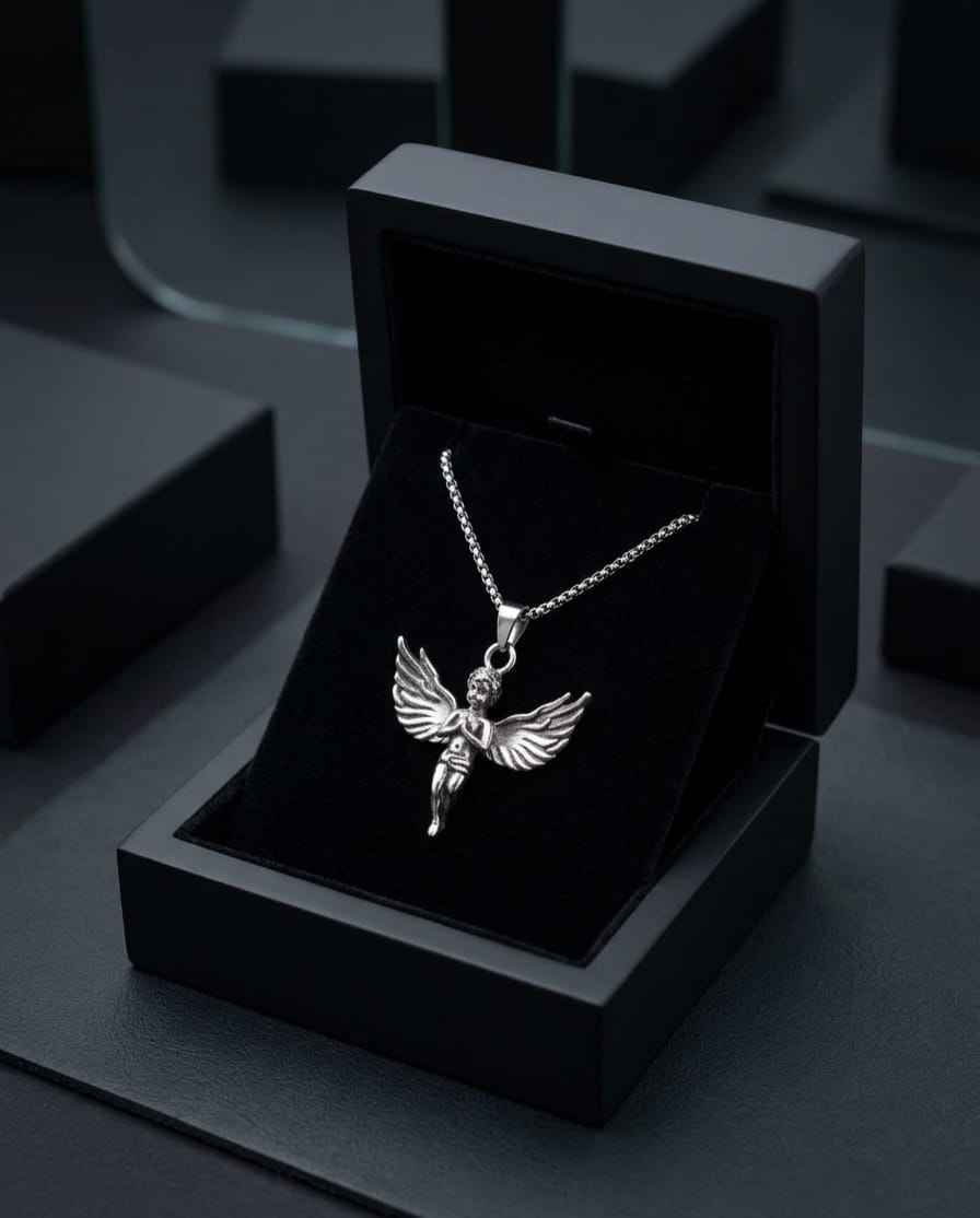 Silver angel pendant necklace with wings and cherub charm on a silver chain