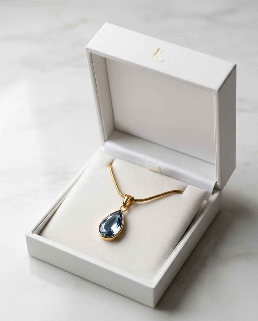 Teardrop blue gemstone necklace with gold chain in white gift box