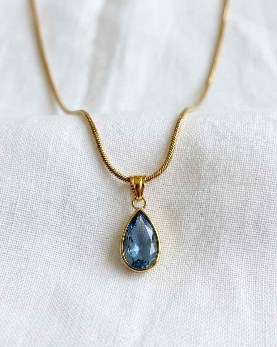 Gold chain teardrop blue gemstone pendant necklace, teardrop setting