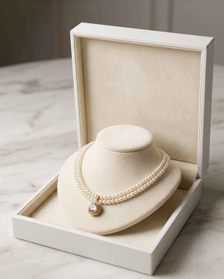 Pearl necklace with gold-tone round pendant, pearl strand shown on stand