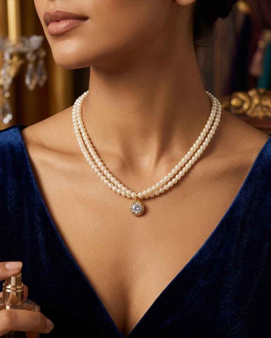 Pearl necklace with round pendant, single strand worn with deep V neckline