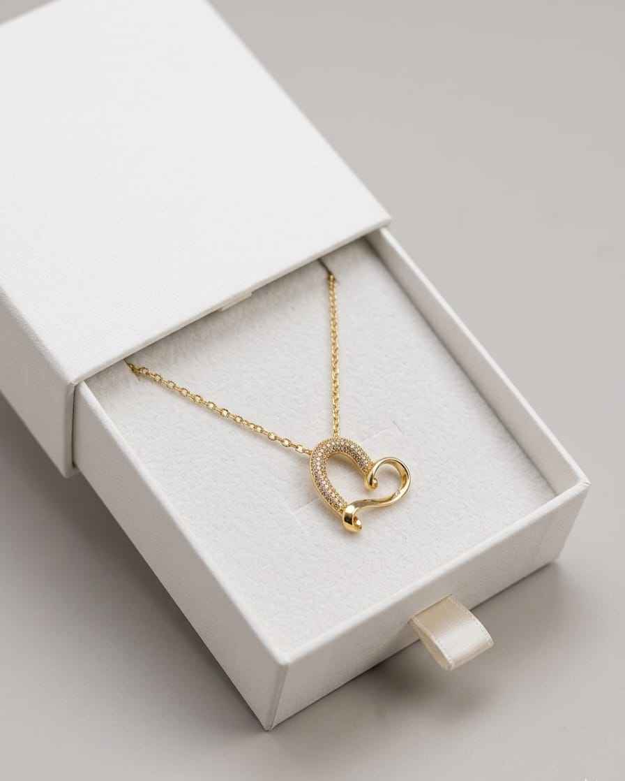 Gold-tone pavé curve heart necklace pendant with loop design, in gift box