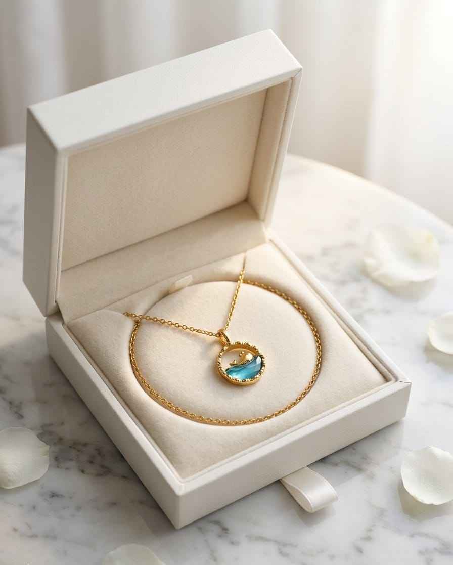 Gold-tone necklace with blue teardrop pendant in gift box