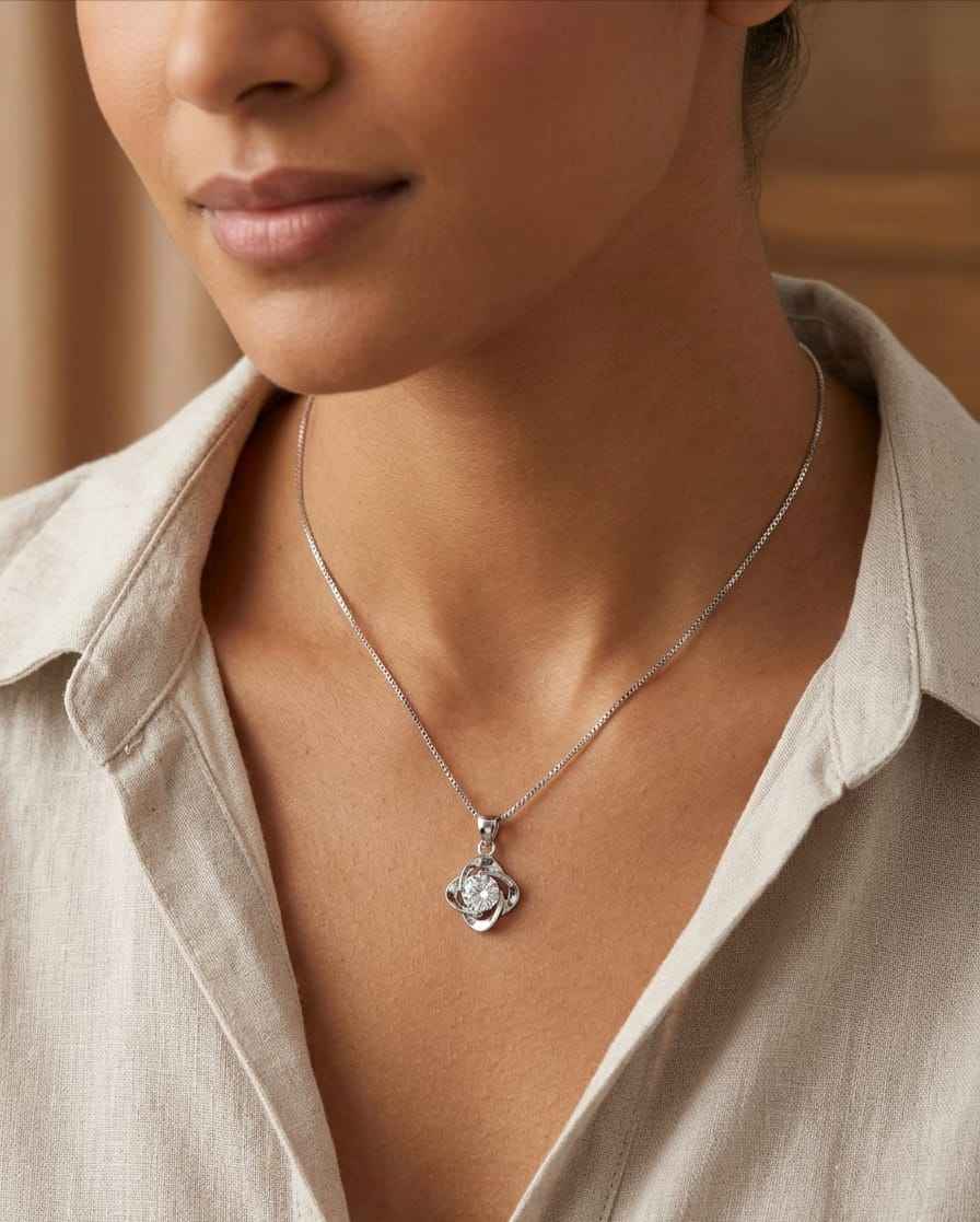 925 sterling silver solitaire pendant necklace with round crystal four-prong setting