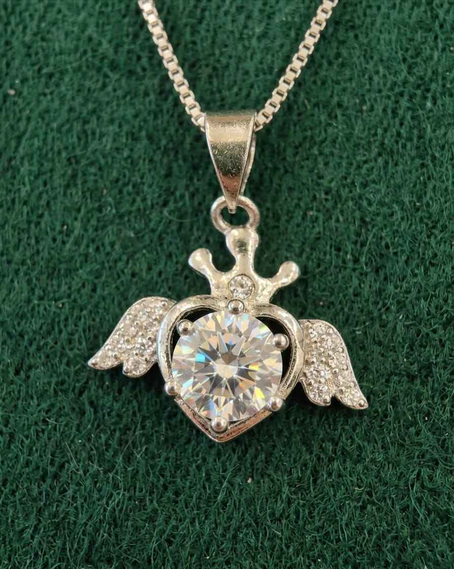 Silver heart charm pendant necklace with crystal sparkle and wing details