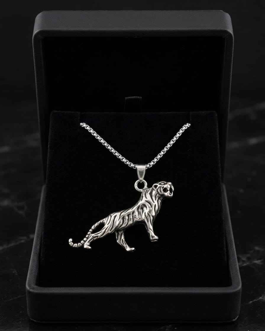 Silver chain pendant necklace with tiger charm