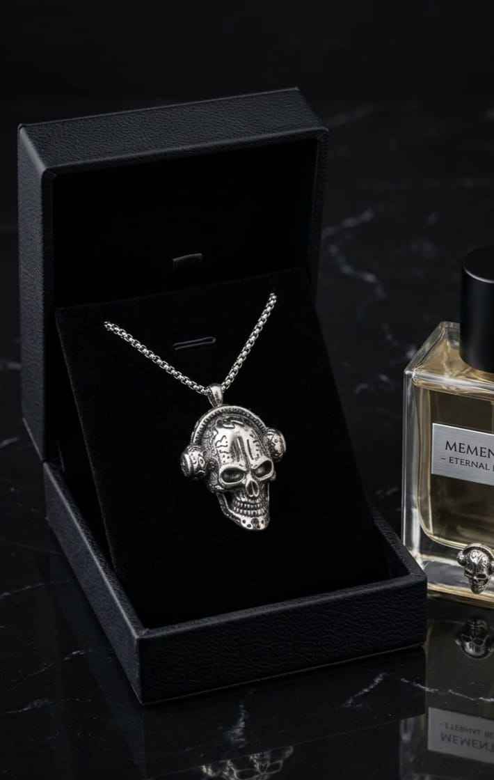 Silver-toned skull pendant necklace with twisted chain, shown in a gift box