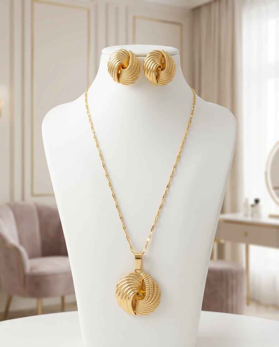 Gold knot pendant necklace with matching stud earrings set