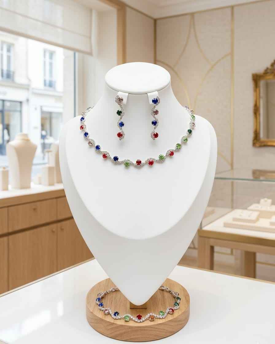 Gemstone necklace and bracelet set with blue, red, and green beads on white bust