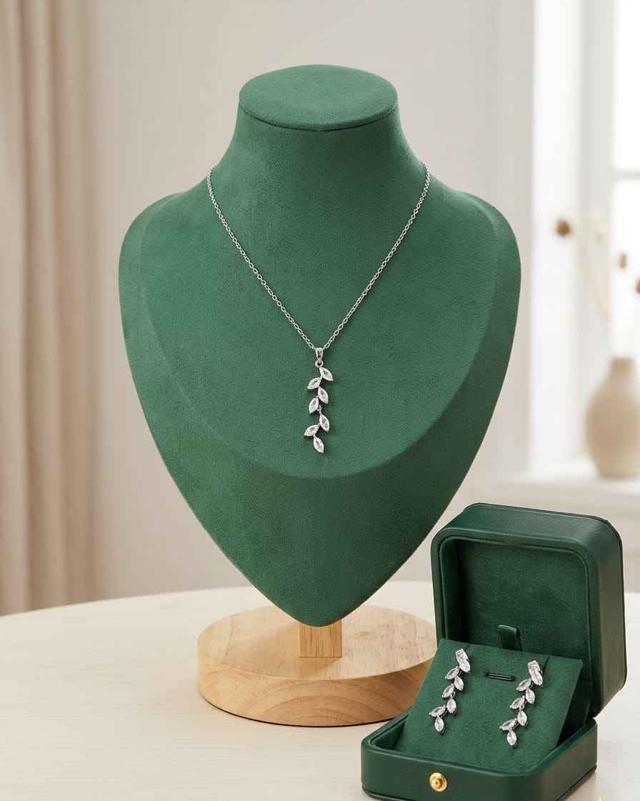 Leaf drop necklace set with silver chain and leaf pendant, plus matching leaf drop earrings