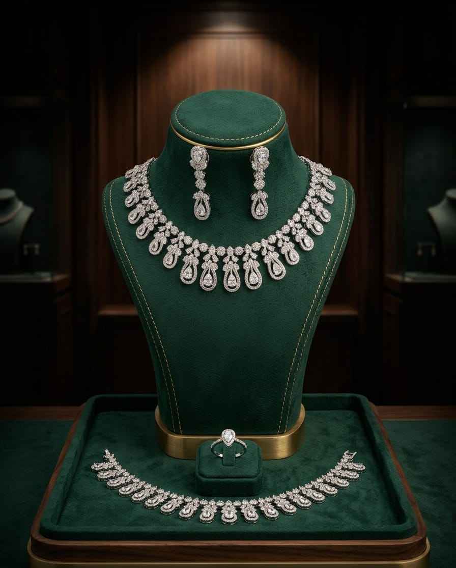 Teardrop necklace set with crystal-like silver-toned stones and matching drop earrings