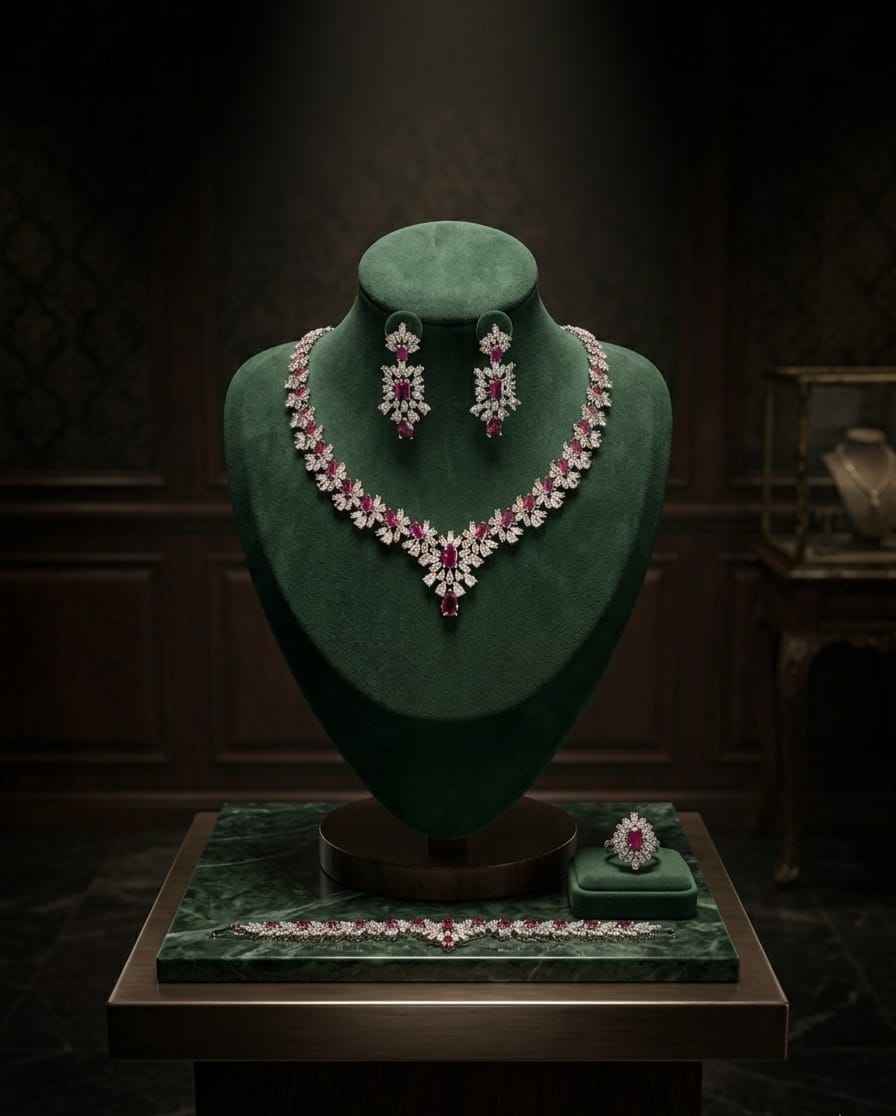 Floral pink gemstone necklace with matching drop earrings
