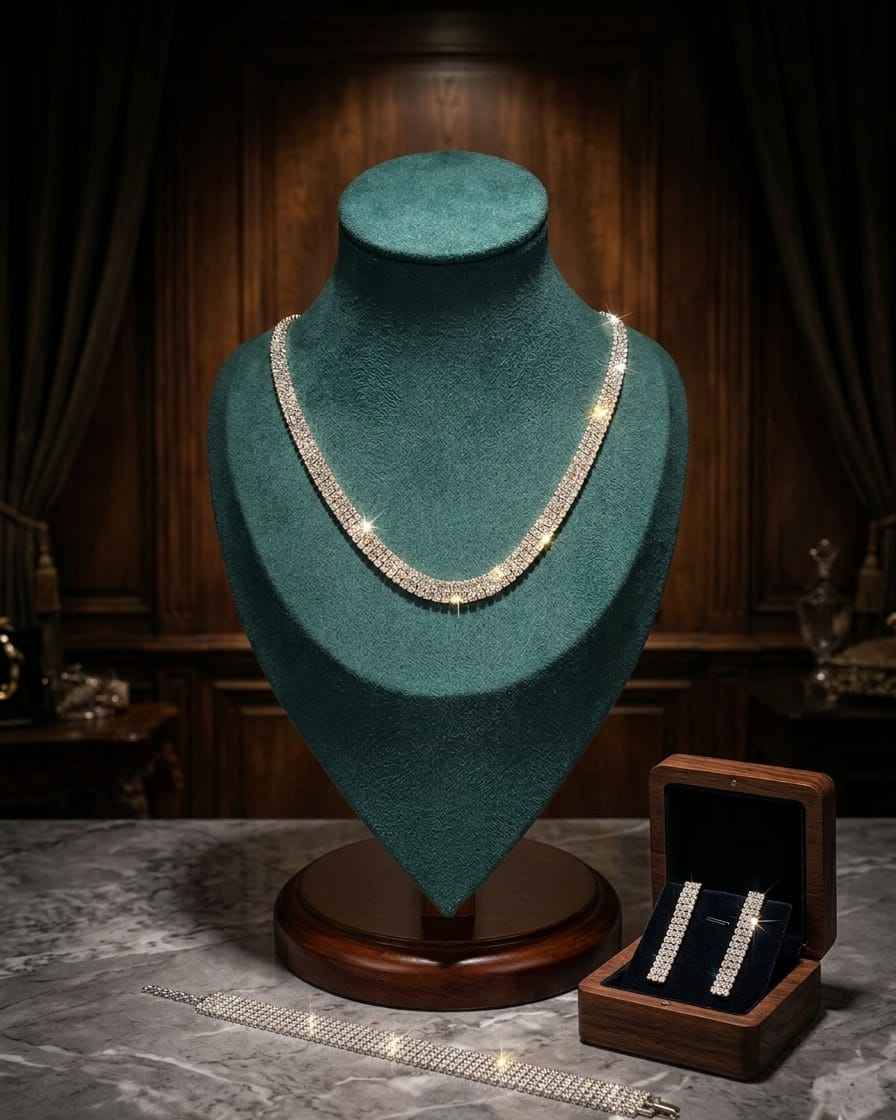 Diamond line necklace set with silver-tone crystal pavé chain, plus bracelet and earrings