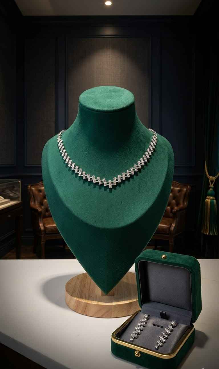 Diamond line necklace set with silver chain and clear rectangular stone rows