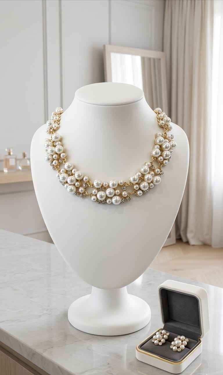 Pearl necklace set with layered round pearl strands and small pearl bead accents