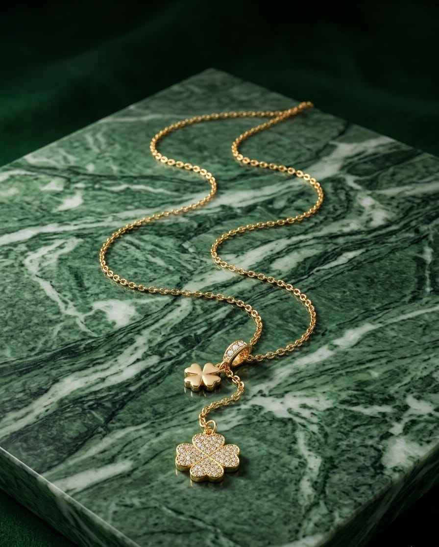 Gold clover pendant necklace with two pavé charms and layered chain.