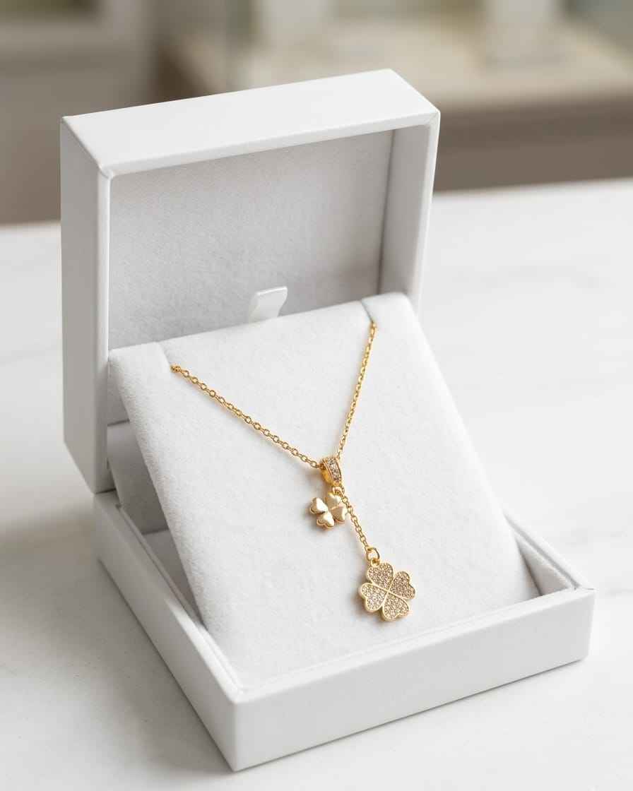 Gold clover pendant necklace with long chain and pavé four-leaf drop.