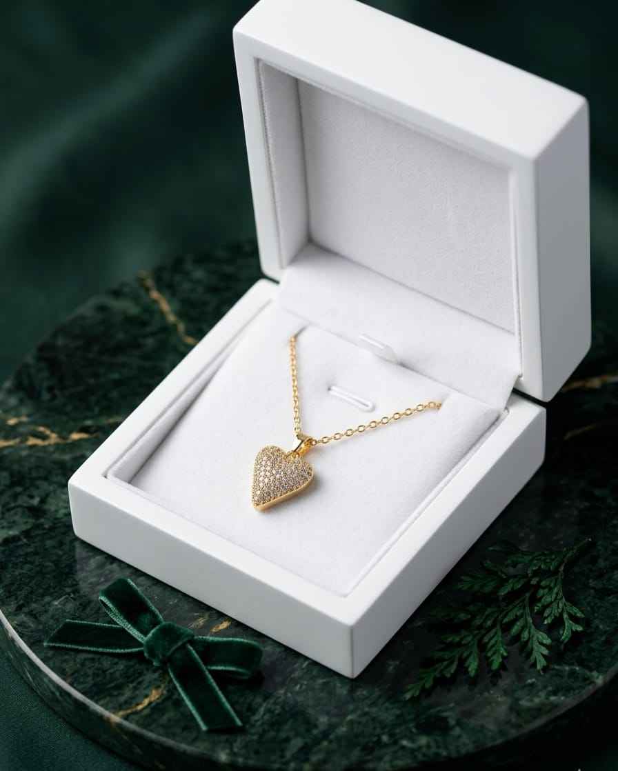 Heart pavé pendant necklace with gold-tone chain and glittering heart charm in gift box
