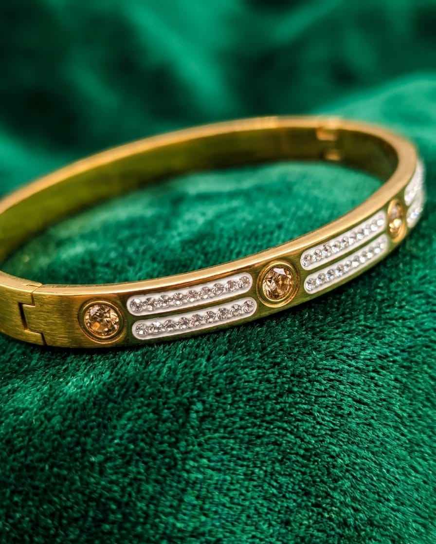 Close-up gold-tone pavé link bangle with stone rows and oval emblem accents