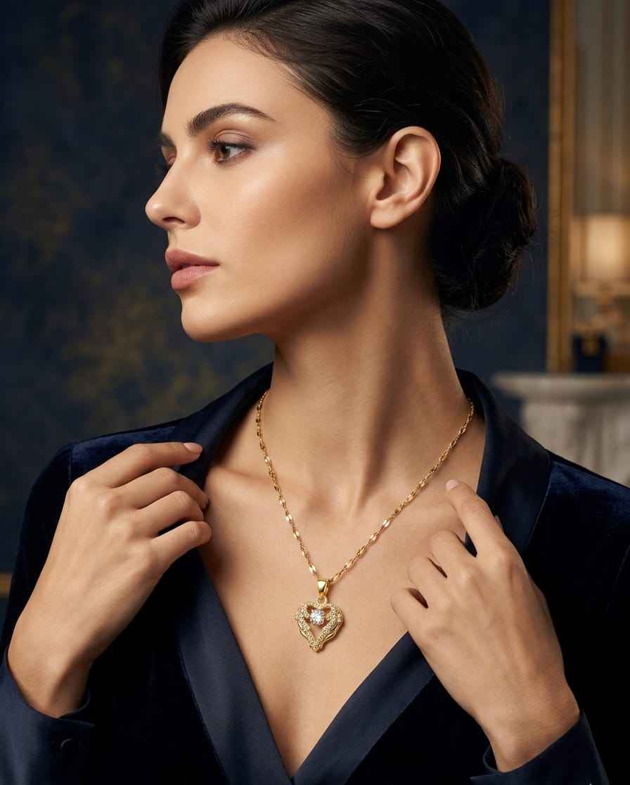 Heart pendant necklace worn by model, gold-tone chain with glittering stone heart
