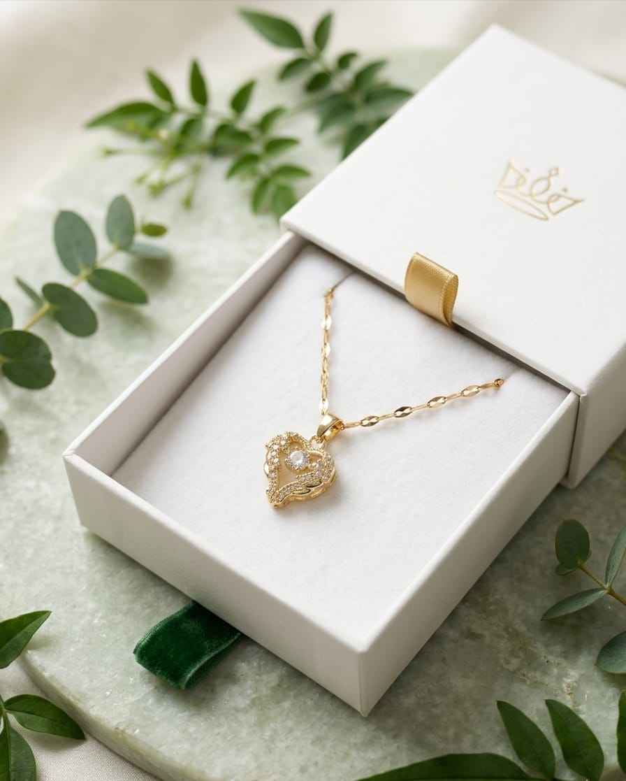 Gold-tone heart pendant necklace in gift box, chain with sparkling stone heart