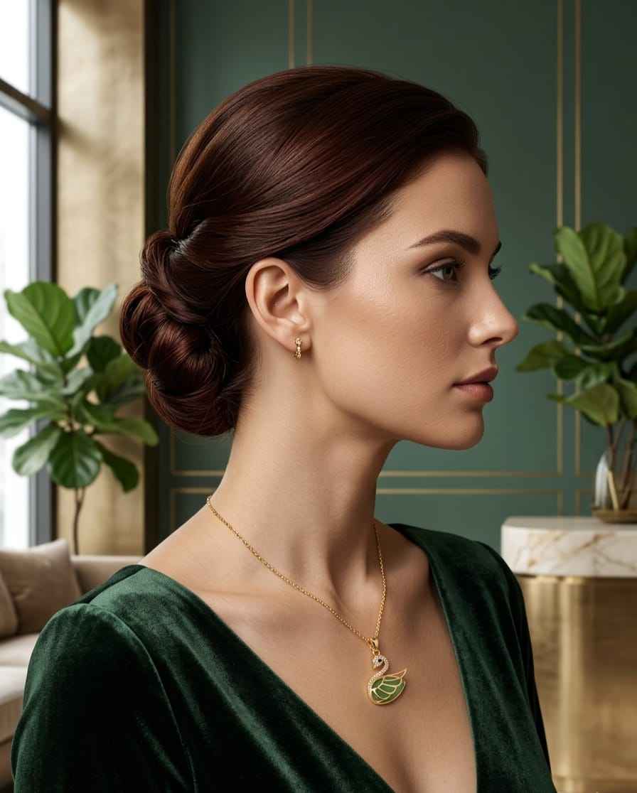 Gold swan pendant necklace with green jade enamel worn against a deep green top.