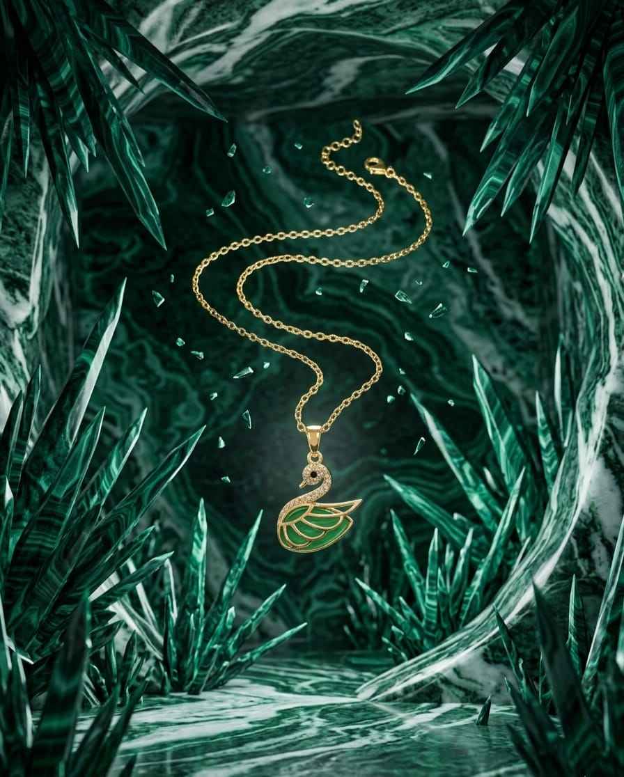 Gold swan jade pendant necklace with green enamel details laid out on fabric.