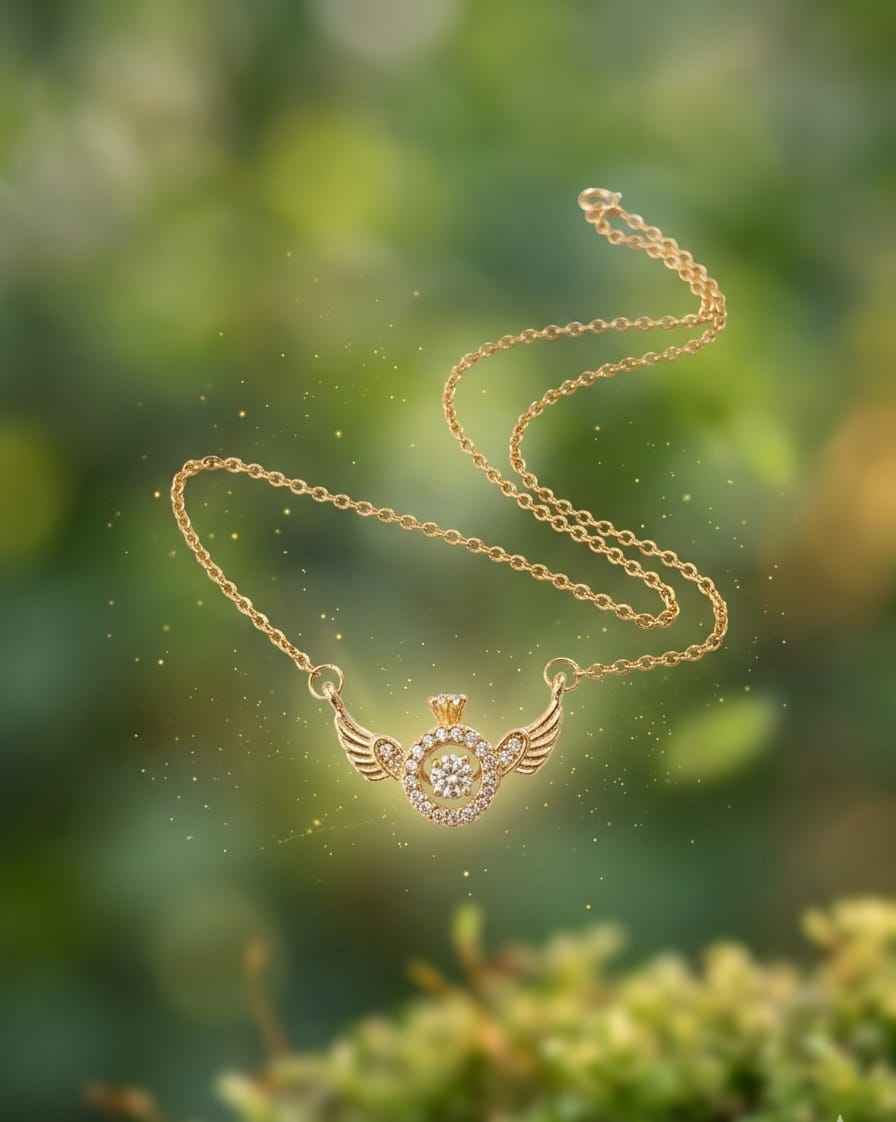 Gold winged halo pendant necklace with round crystal center on long chain