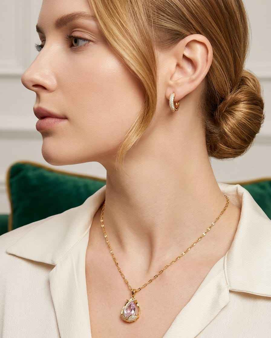 Gold chain necklace with purple teardrop pendant, worn near the neckline