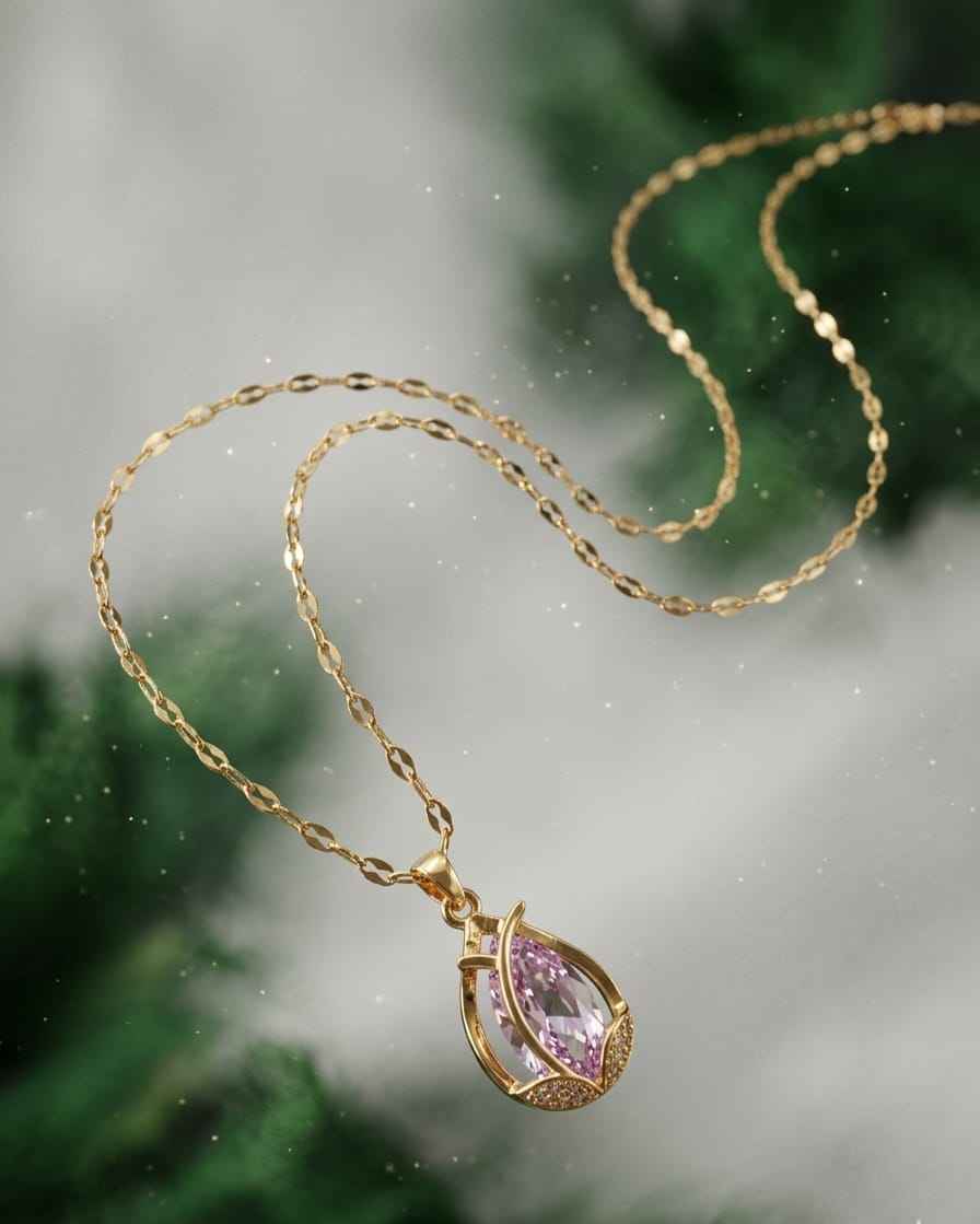 Gold amethyst teardrop pendant necklace with twisted link chain
