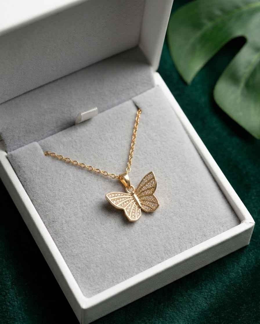 Gold butterfly charm necklace displayed in jewelry box on gray cushion