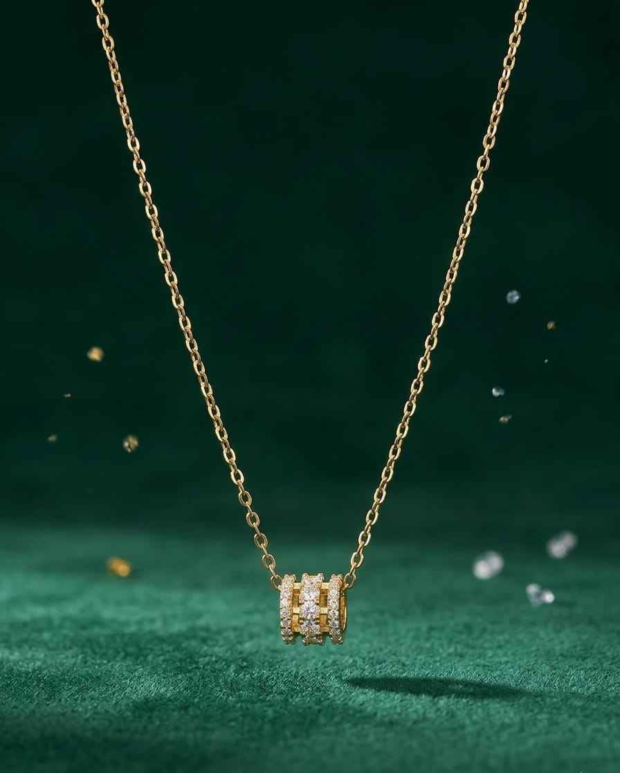 Gold-tone chain necklace with pavé bar rectangular pendant, close-up