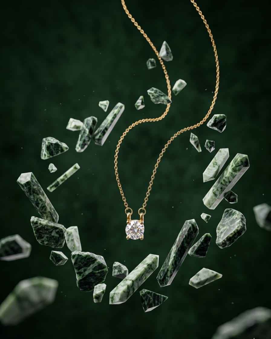 Gold solitaire necklace with round crystal pendant centerpiece, chain detail