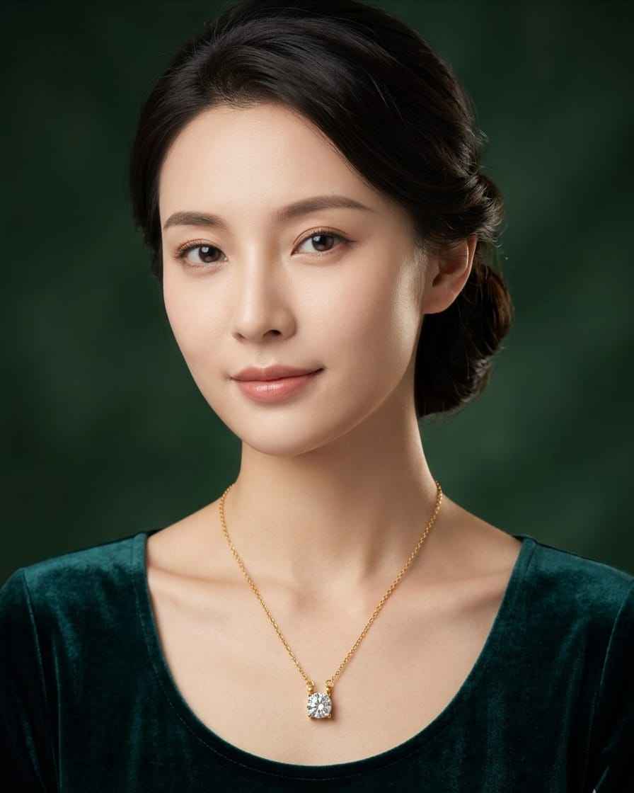 Gold chain solitaire necklace with round crystal pendant worn on a model