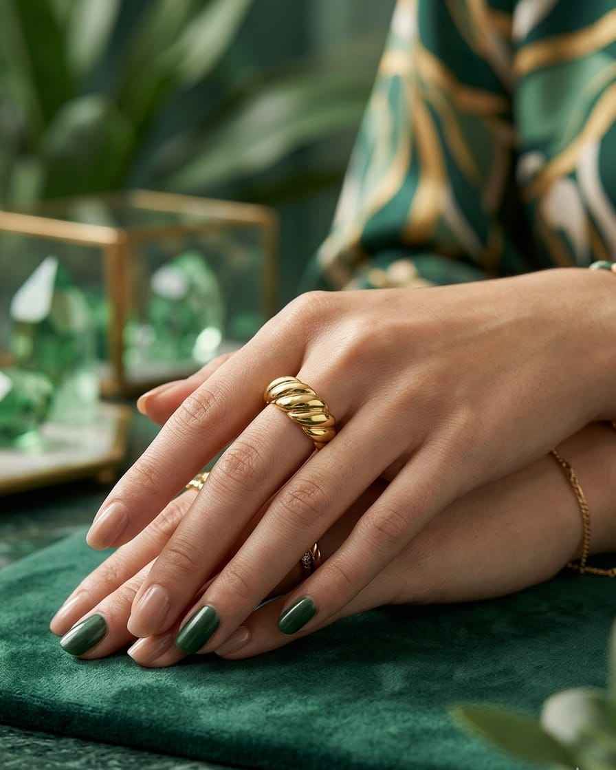 Gold sculpted cuff ring with twisted ridged wave design, worn on a finger