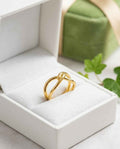 Gold intertwined open ring with curved bands, crisscross front, on display in box
