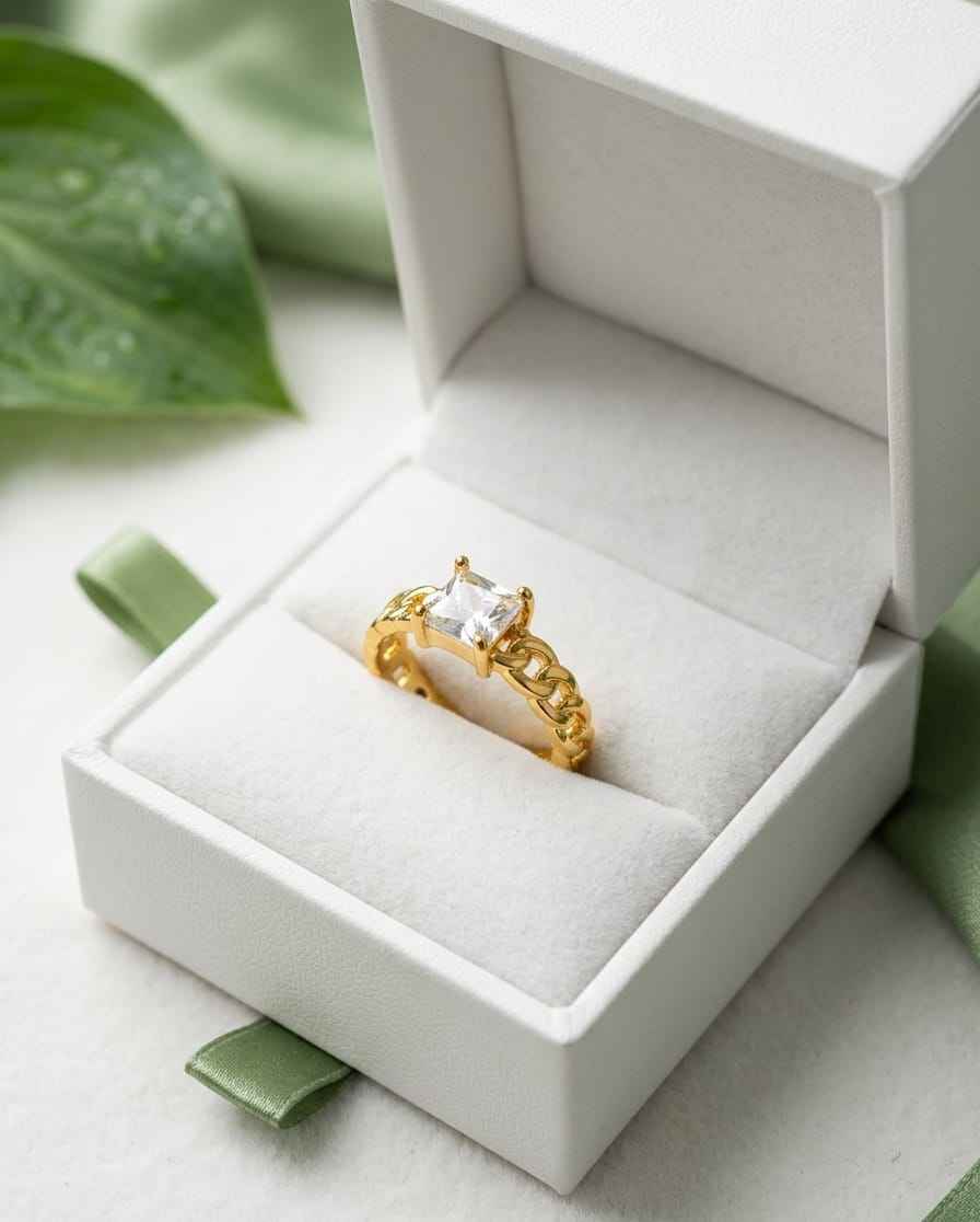 Gold-tone chain solitaire ring with clear princess-cut center stone