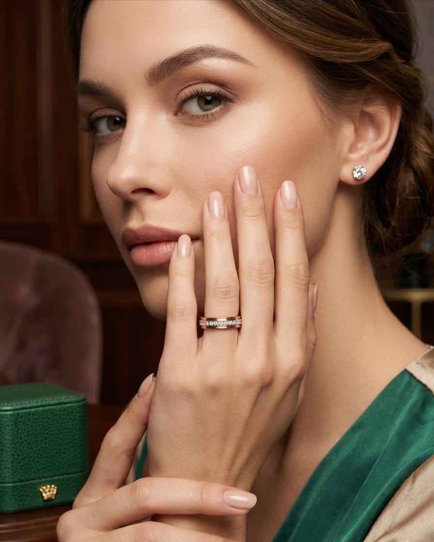 Rose gold pavé band ring with small round clear stones, slim profile