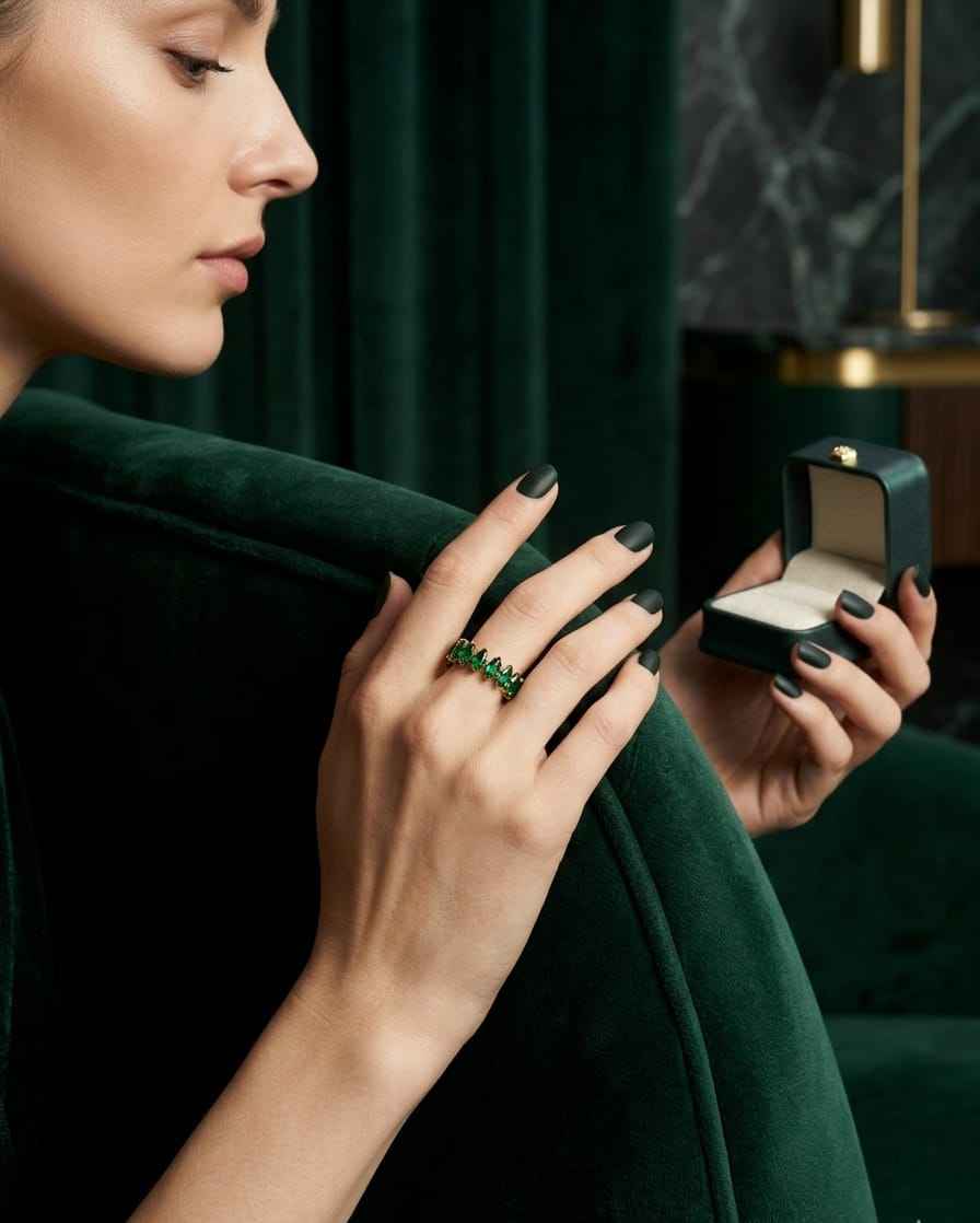 Open crown ring with emerald-green stones and gold-tone setting