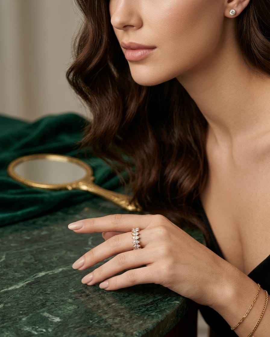 Gold marquise pavé open ring on model’s hand, close-up