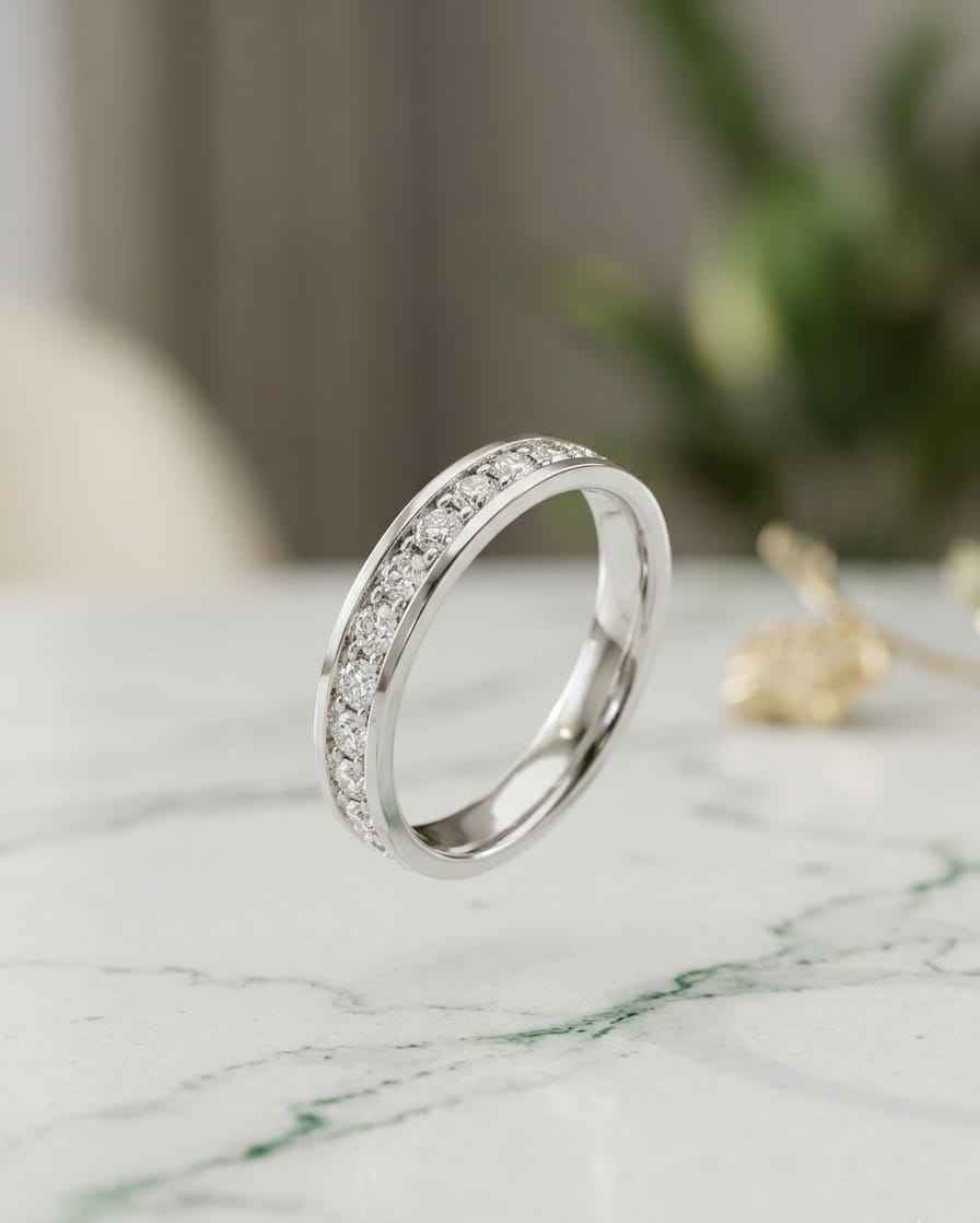 Silver eternity band ring with small clear stones, angled view on surface