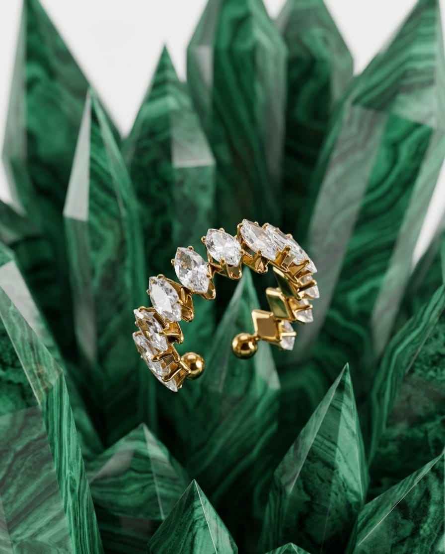 Gold open ring with marquise pavé stones, front angle