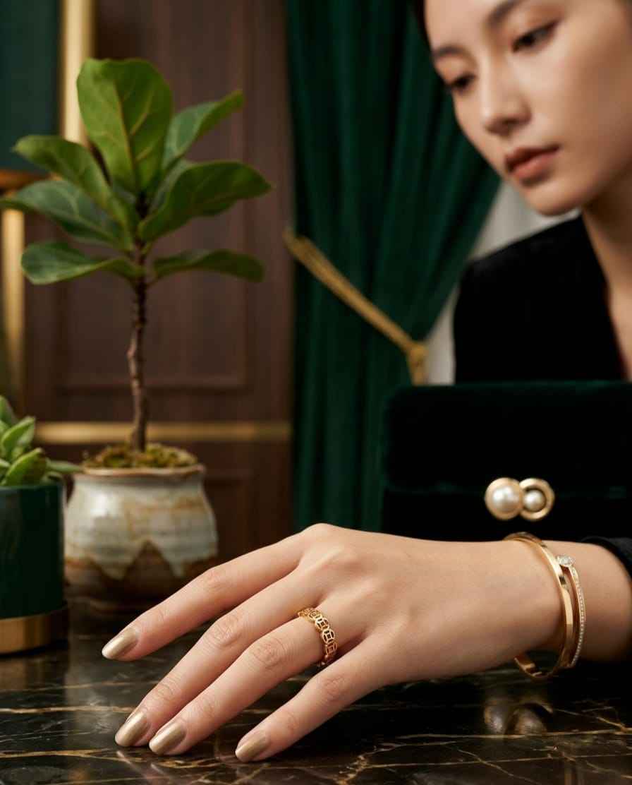 Gold chain-weave ring with openwork links on a hand