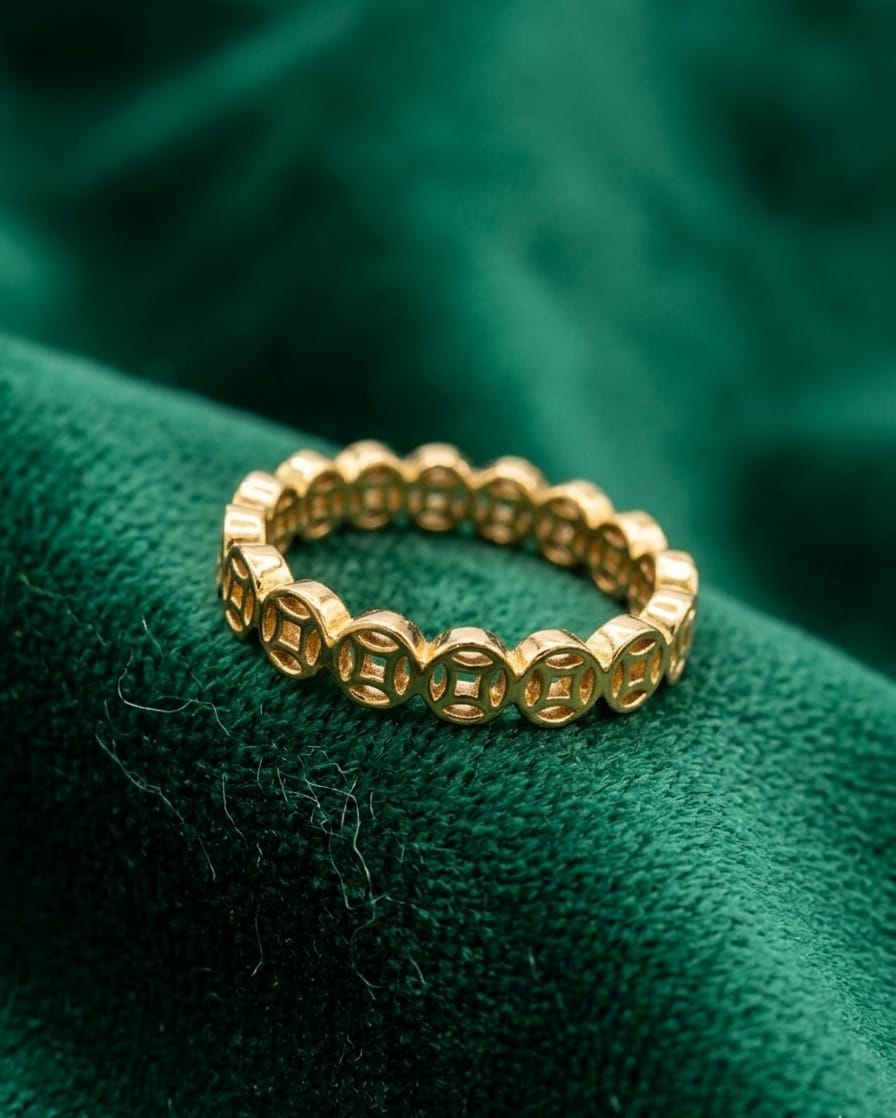 Gold chain-weave ring with oval cutout links on green fabric