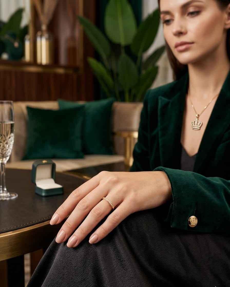 Gold pavé ring with small stones worn on a hand