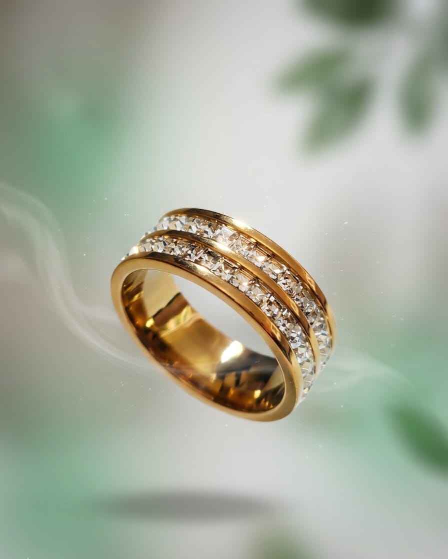 Gold-tone double-row crystal ring angled view with sparkling stones