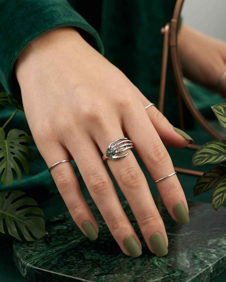 925 silver sculpted hand ring on finger, stacked claw-style design, reflective finish