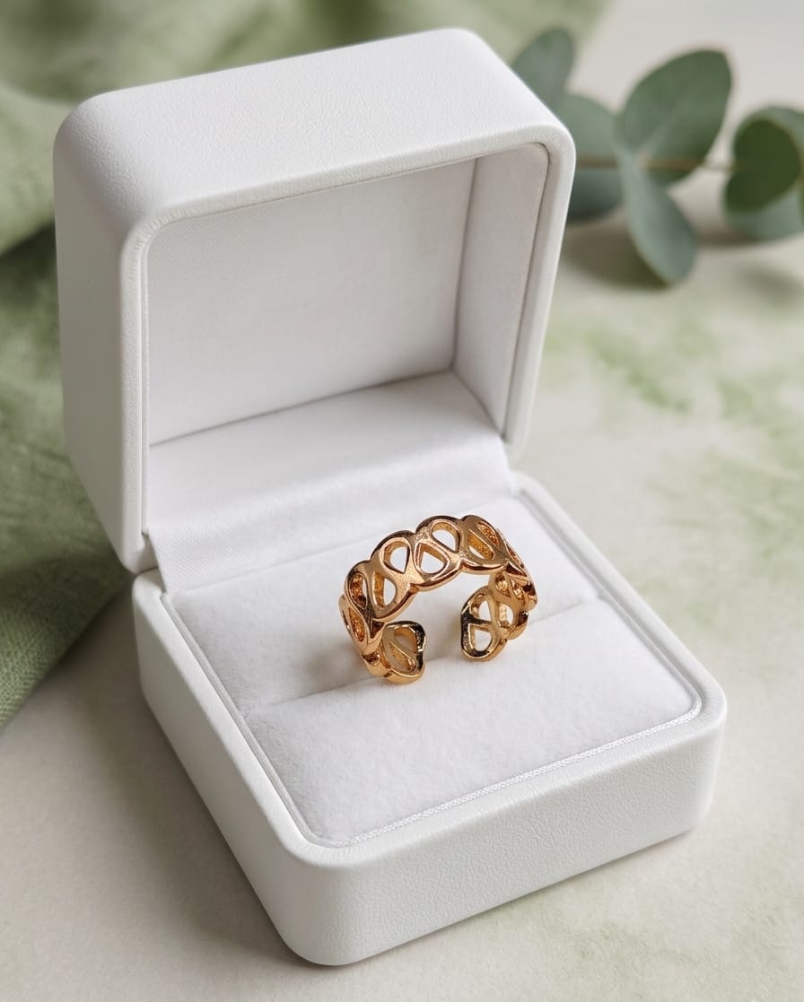Open loop ring in white display box, gold-tone open lattice band.