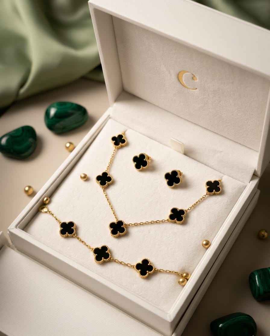 Gold clover jewelry set in box: necklace, bracelet, and clover stud earrings with dark centers